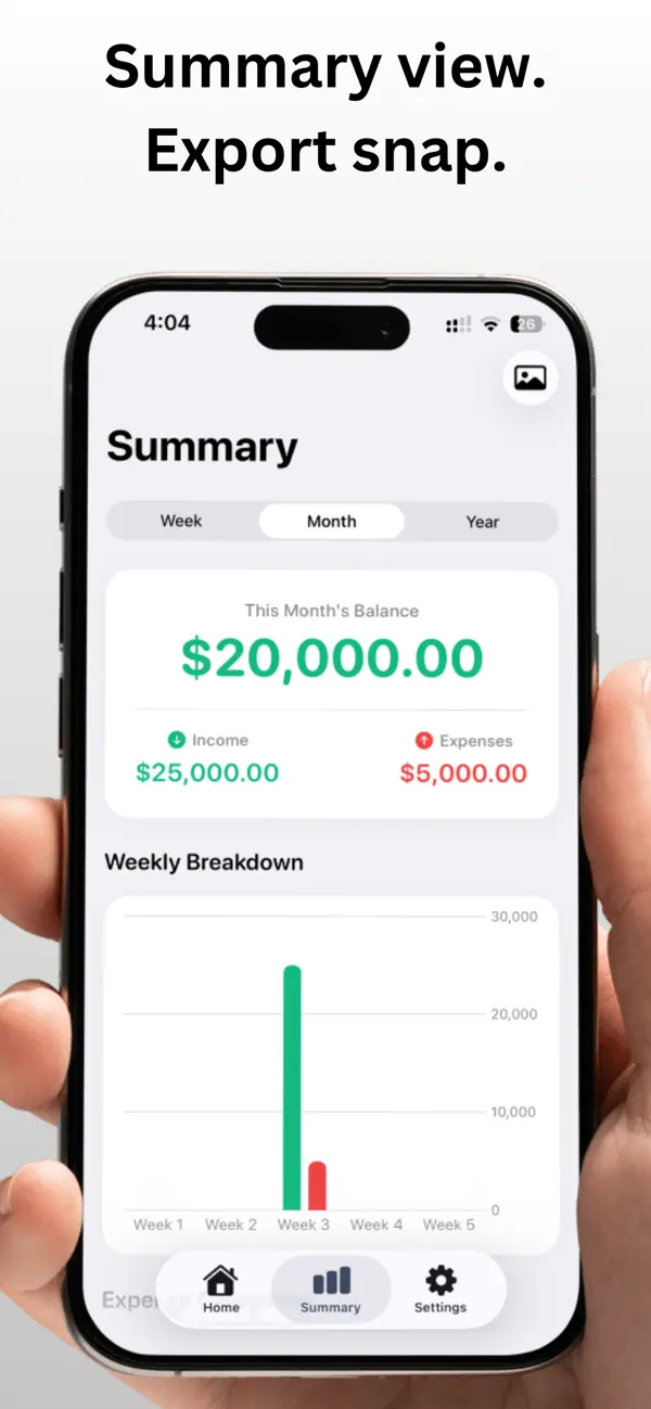 Expense Whisper App Store image showing monthly income and expense summaries