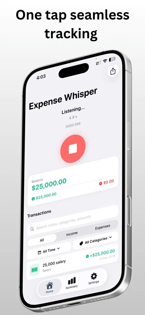 Expense Whisper product image: microphone listening to a spoken transaction