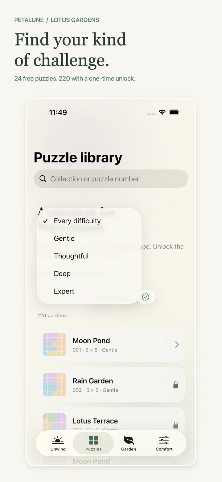 Petalune puzzle library with difficulty and board-size choices