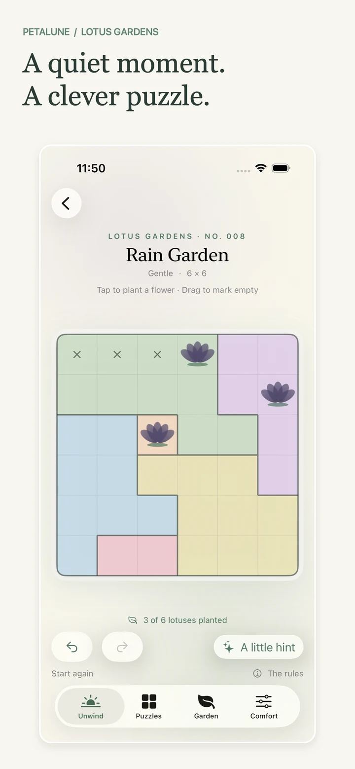 Petalune gameplay: a pastel Rain Garden puzzle with lotuses and empty-cell marks