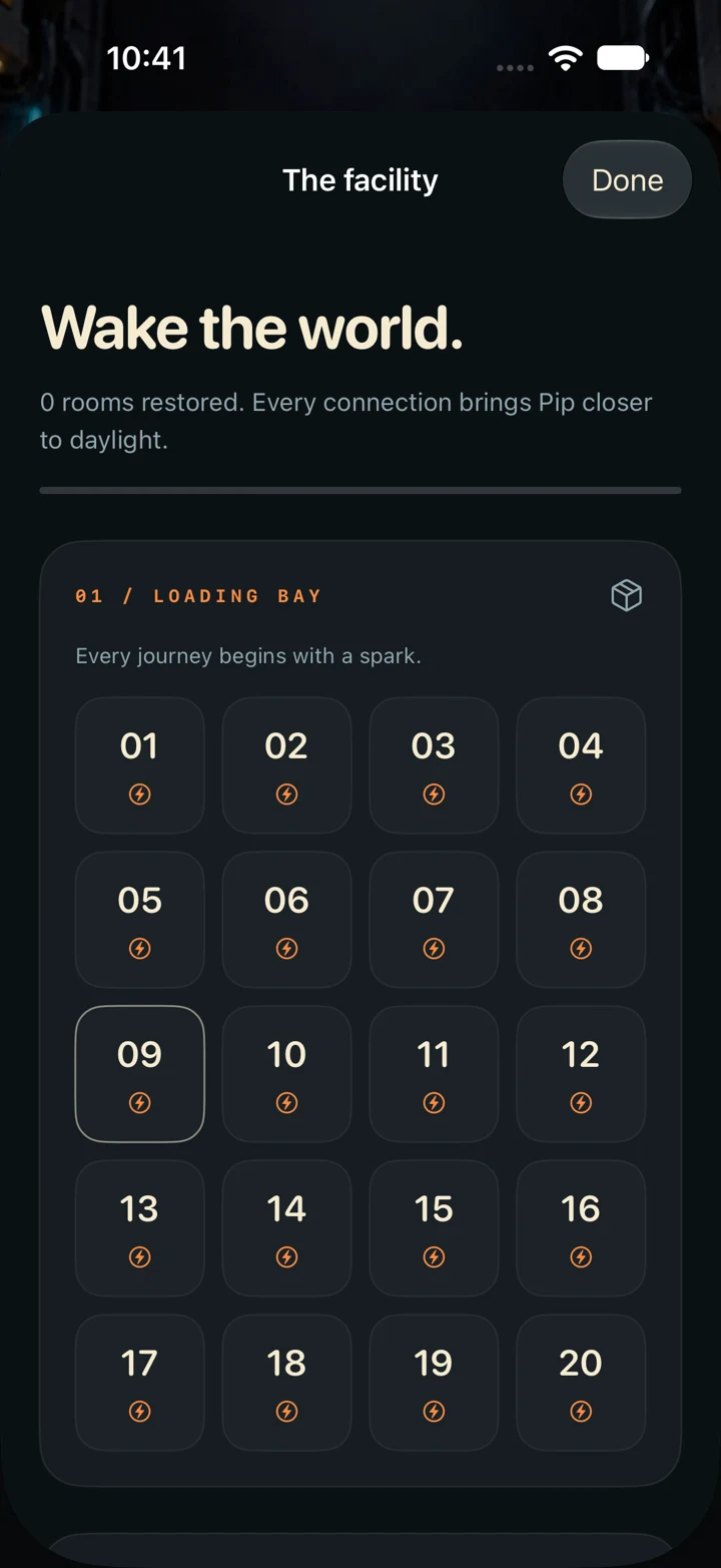 The facility room picker showing the first 20 rooms in the Loading Bay