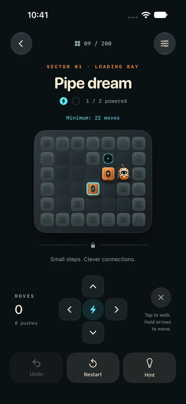 PIP gameplay in Pipe dream, with power cells, sockets, Pip, and undo and hint controls