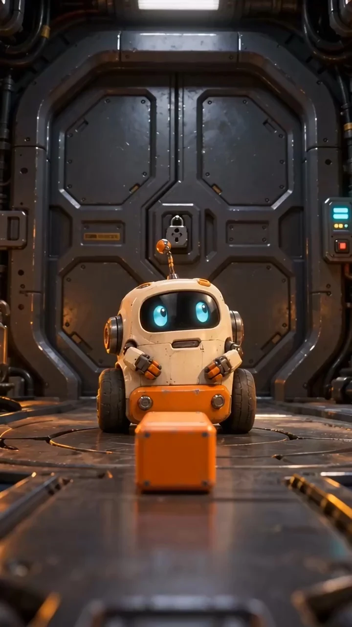 Pip, a small cream-and-orange robot, faces a locked mechanical door with a power cell