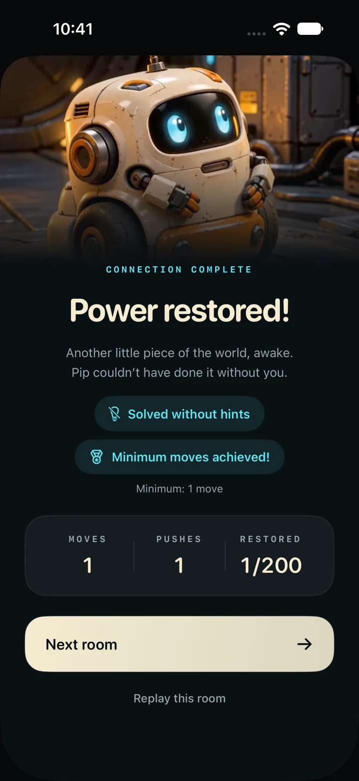 Power restored celebration with hint-free and minimum-move achievements