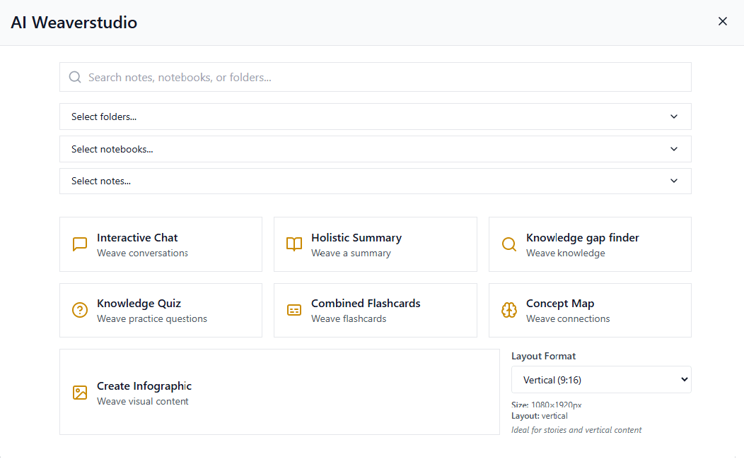 Weavernote AI Studio with note selectors and tools for chat, summaries, quizzes, flashcards, and concept maps