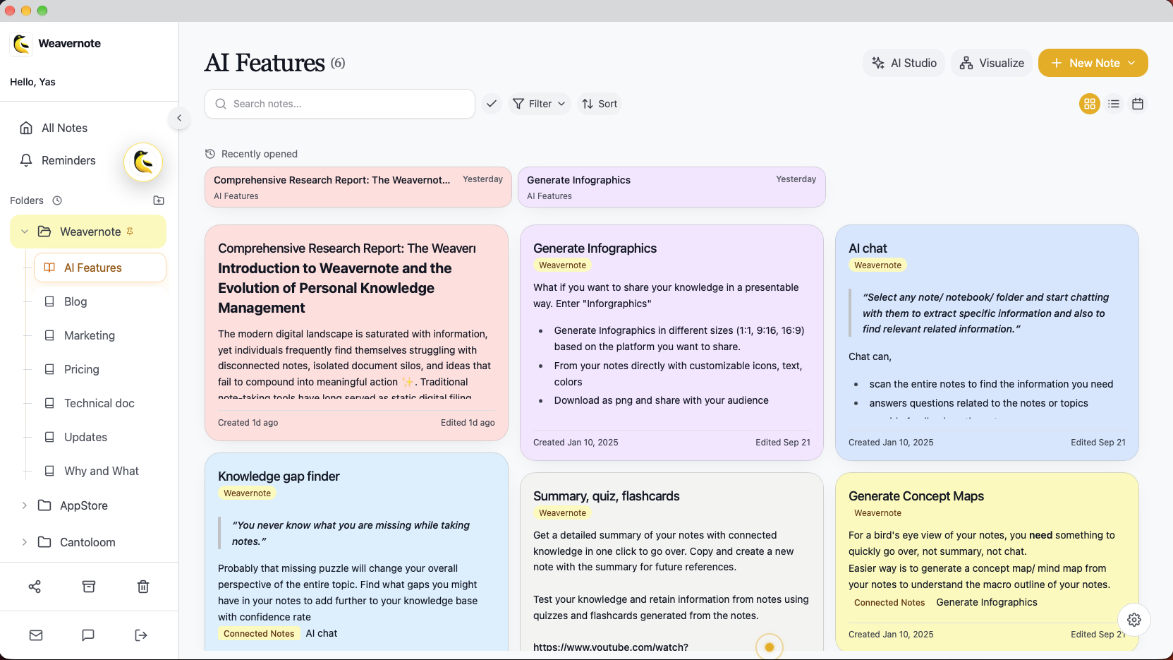 Weavernote workspace with colorful note cards, folders, and AI Studio